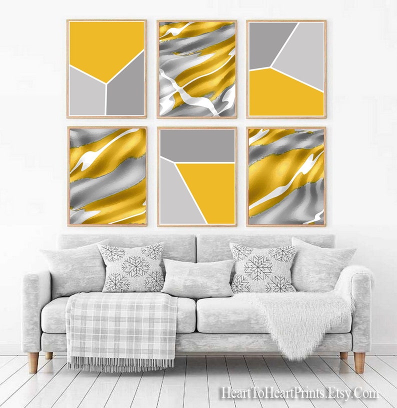Yellow Gray Black Abstract Painting Printable Wall Art Set of 3 Prints ...