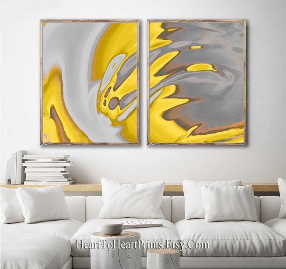 Minimalist Gray Yellow Wall Art Set of 2 Prints Abstract Etsy