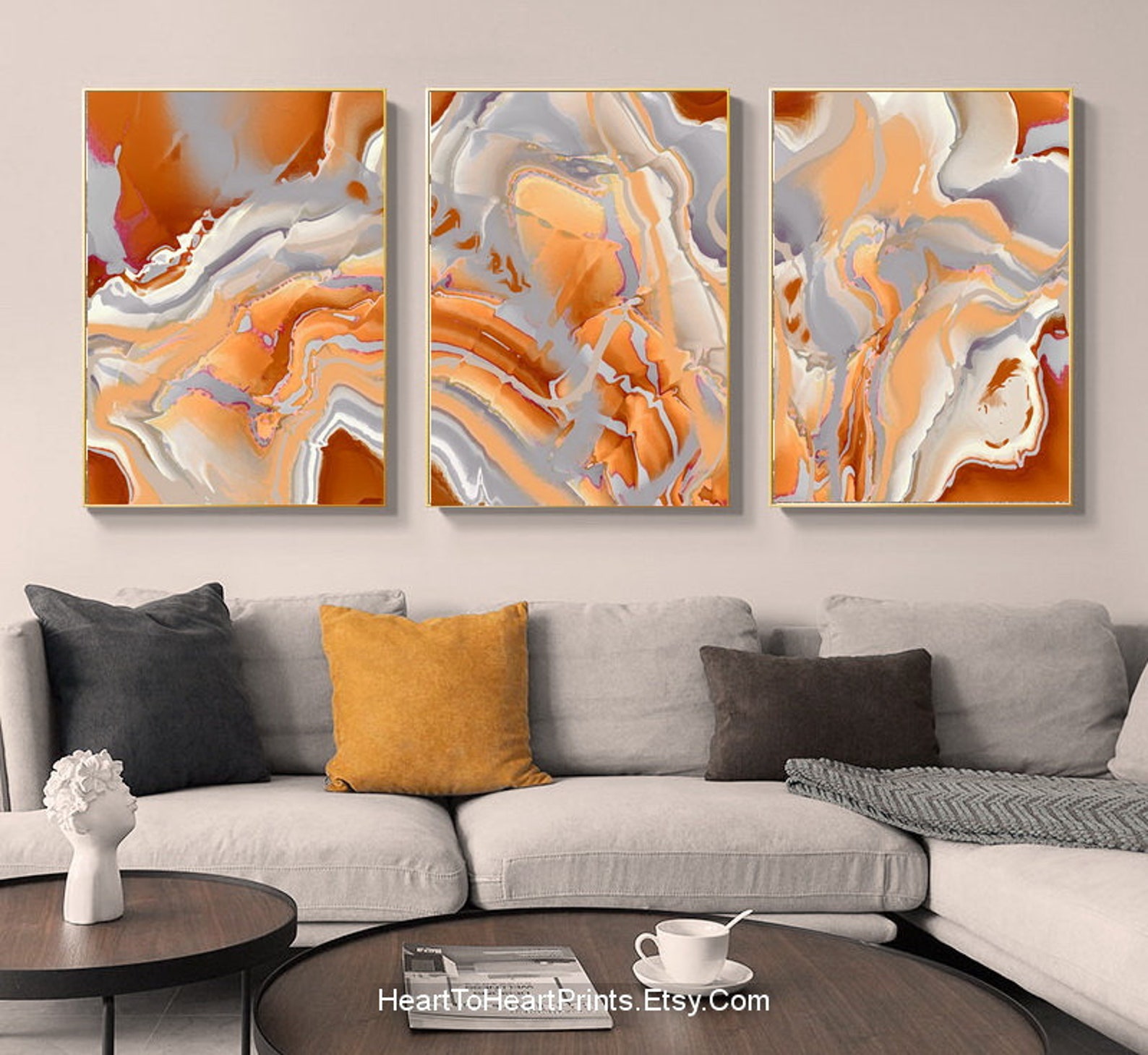 Orange Gray Wall Decor 3 Poster Set Canvas Abstract Painting Etsy