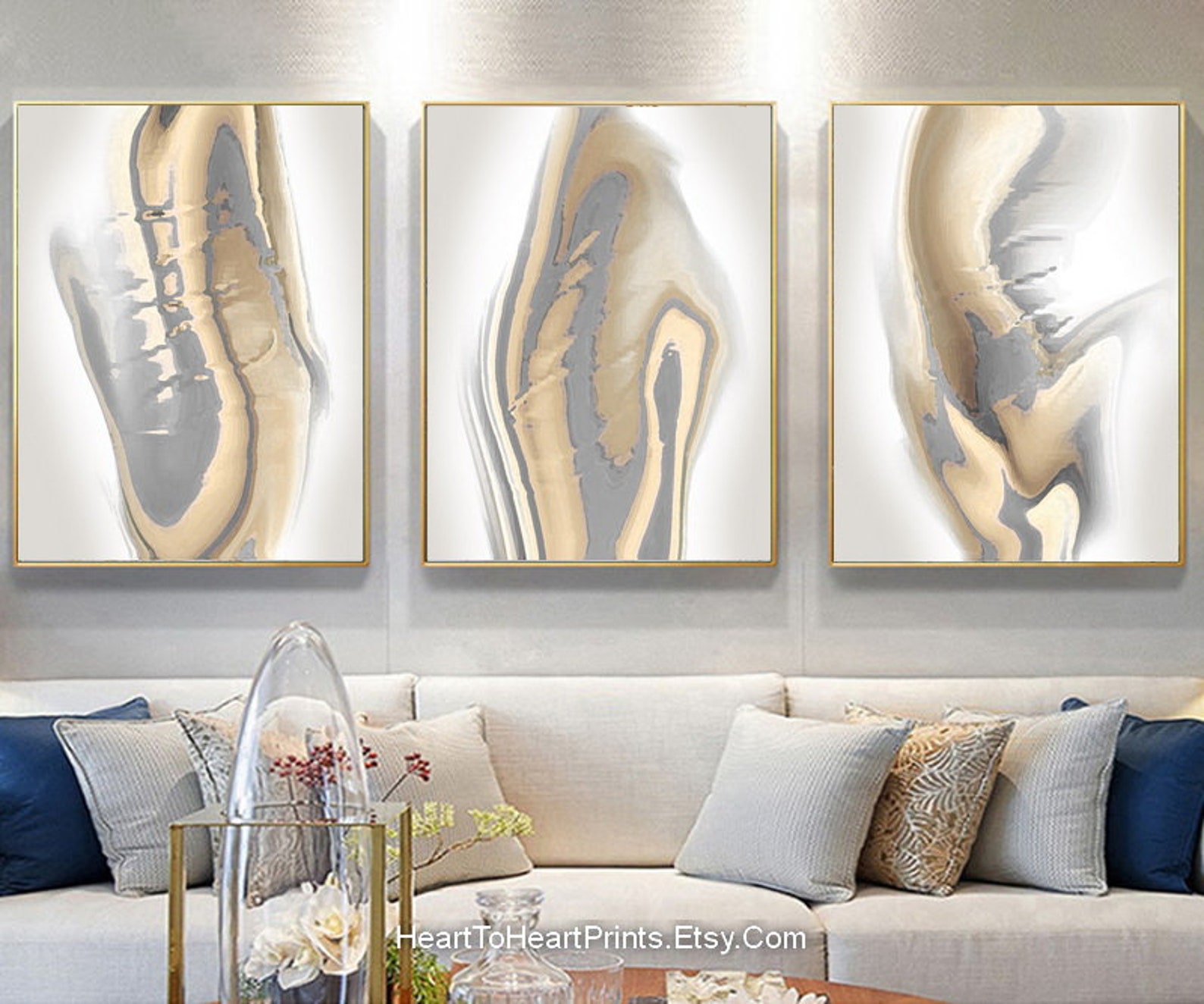 Orange Gray Wall Decor 3 Poster Set Canvas Abstract Painting Etsy