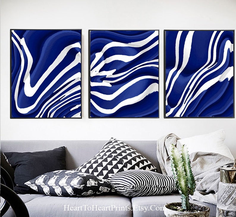Set of 3 Navy Blue White Wall Art Digital Painting Instant Etsy