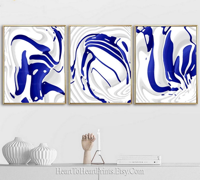 Navy Abstract Painting Set of 3 Prints Minimalist Wall Art Etsy