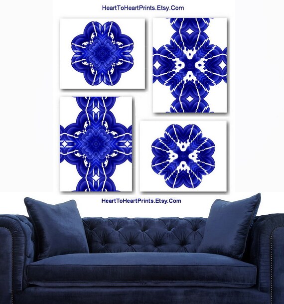 Cobalt Blue Flowers Set Of 4 Art Prints Rustic Navy Blue Wall Art Blue Floral Printable Artwork Instant Download Bedroom Living Room Prints