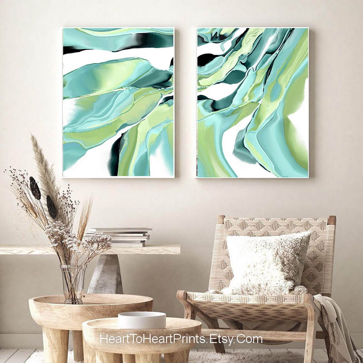 Green Abstract Set of 2 Large 24x36 Wall Art Green Abstract Painting ...