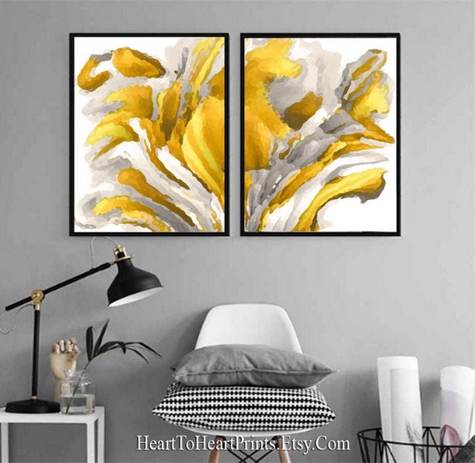 Yellow Gray Abstract Painting Set of 2 Prints Printable Wall Art