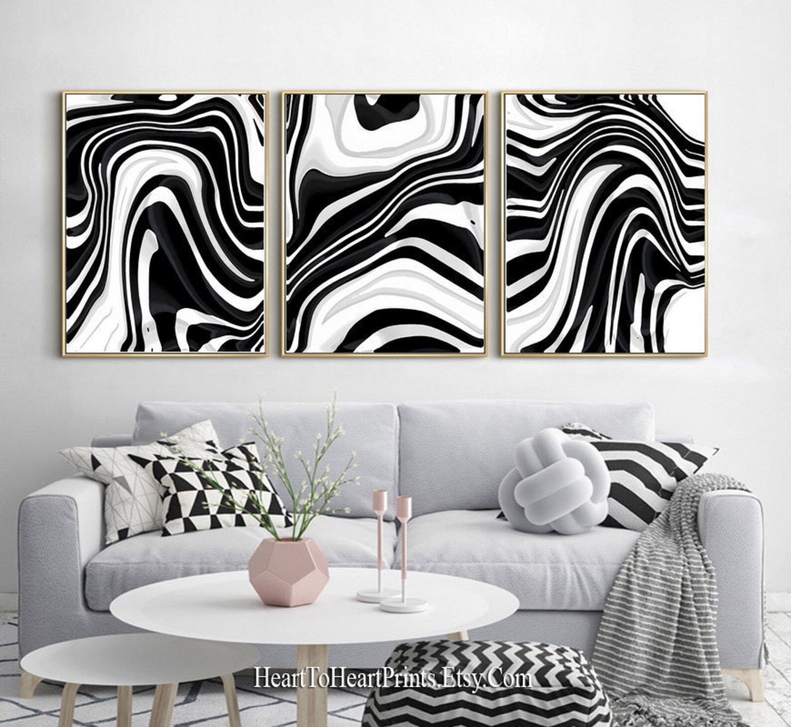 Black and White Wall Art Set of 3 Prints Line Drawing Abstract | Etsy