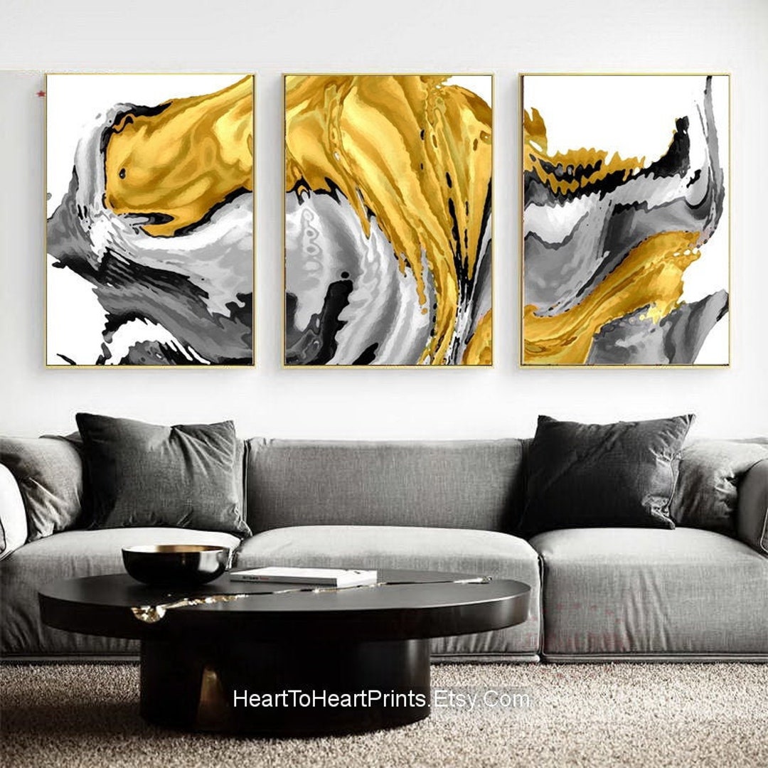 Yellow Gray Black Abstract Painting Printable Wall Art Set of 3 Prints ...