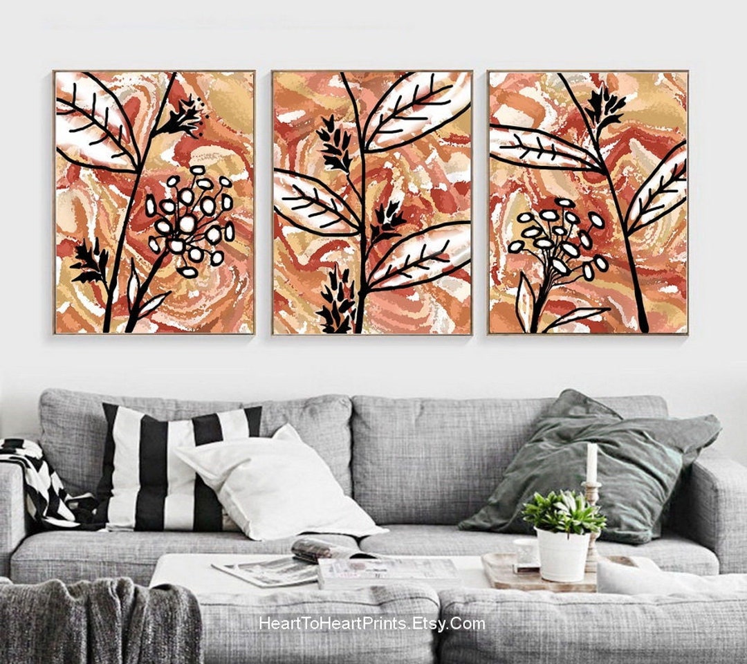 Orange Black Botanical Wall Art Set of 3 Flower Line Drawing PRINTABLE ...