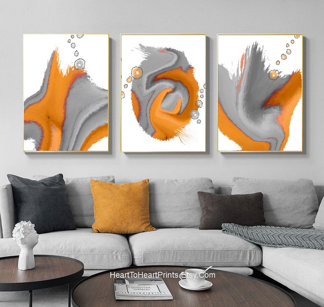 Orange Gray Abstract Painting Set of 3 Printable Wall Art Contemporary ...