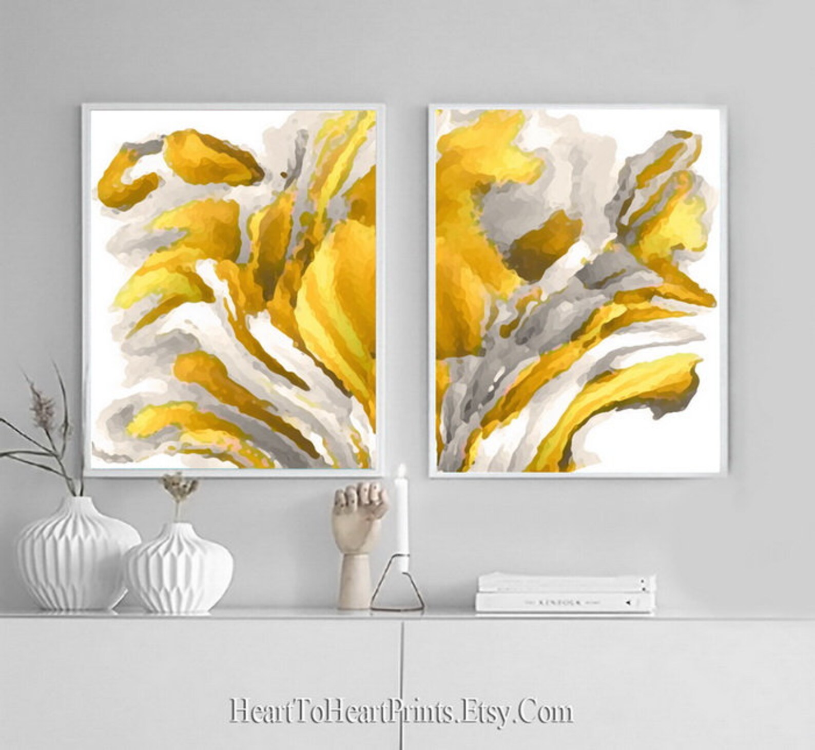Yellow Gray Abstract Painting Set of 2 Prints Printable Wall Art ...