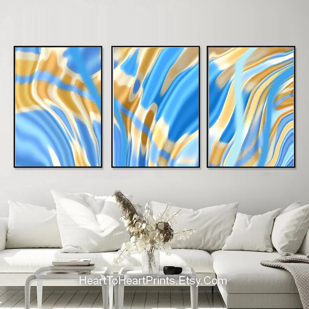 Blue Yellow Abstract Painting Set of 3 PRINTABLE Wall Art Light Blue ...