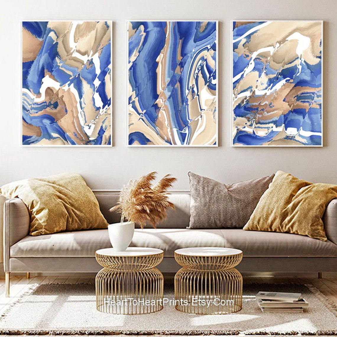 Blue Brown Abstract Gallery Wall Art Set of 3 Posters | Etsy