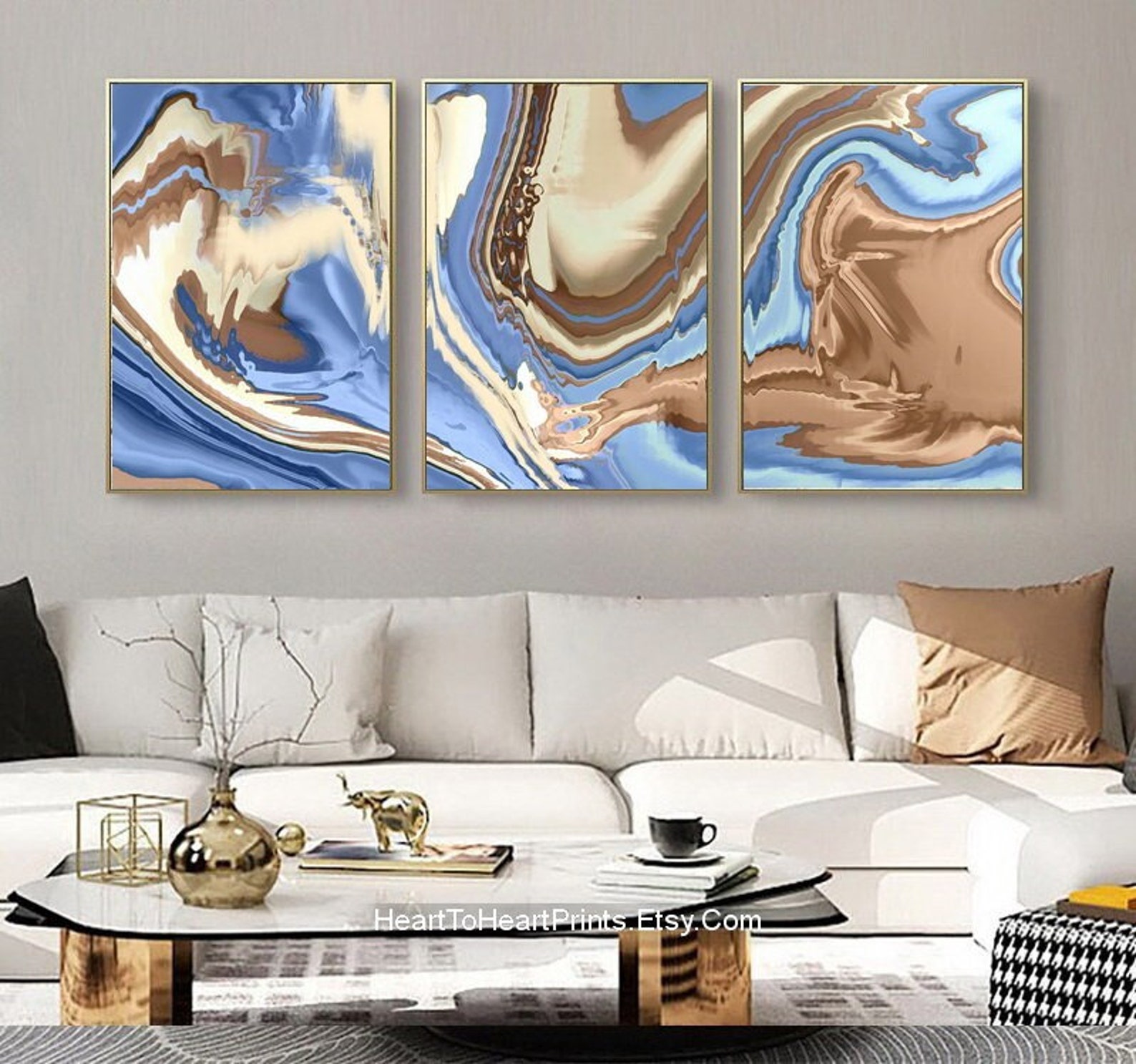 Blue Brown Abstract Gallery Wall Art Set of 3 Posters - Etsy