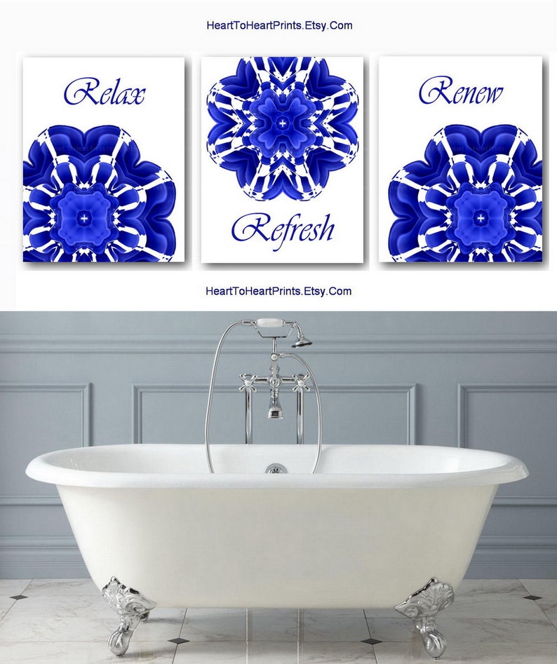Cobalt Blue Bathroom Wall Art Set of 3 Prints Blue Bathroom Etsy