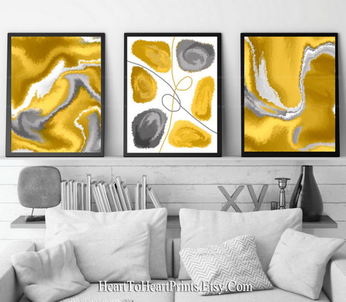 Yellow Gray Abstract Wall Art Set of 2 Prints Mustard Modern | Etsy