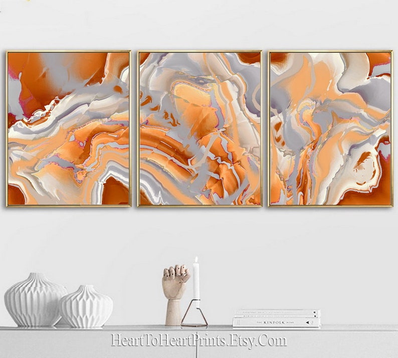 Orange Gray Wall Decor 3 Poster Set Canvas Abstract Painting Etsy
