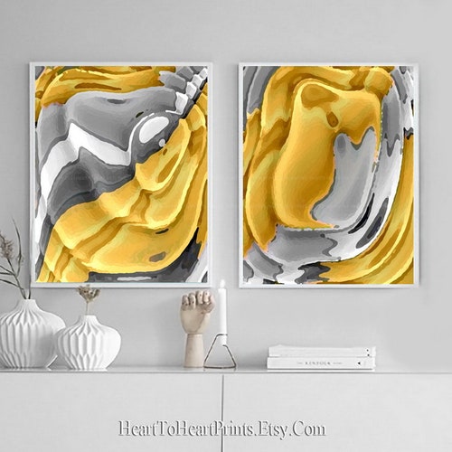 Yellow Gray Black Abstract Painting Printable Wall Art Set of Etsy