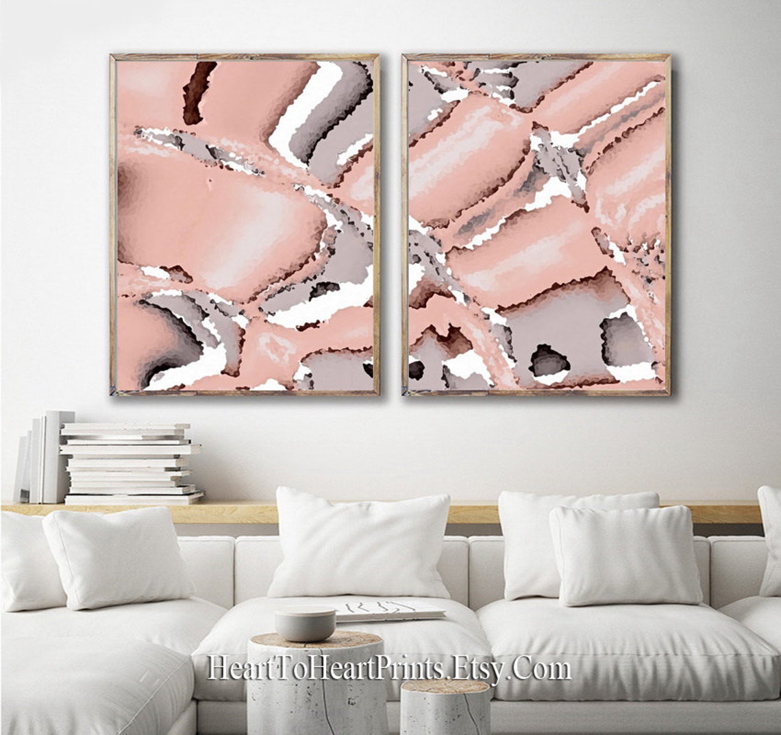 Blush Abstract Wall Art Set of 2 Prints Pink Blush Gray Etsy
