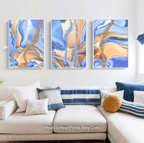 Blue Orange Abstract Set of 3 PRINTABLE Wall Art Abstract - Etsy