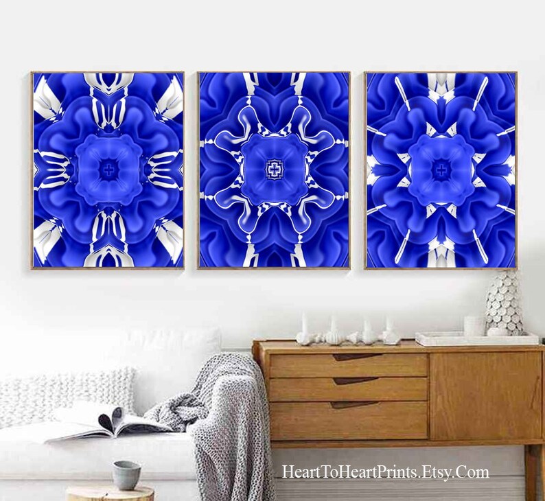 Royal Blue Wall Art Abstract Printable Art Set of 3 Prints Blue Mandala