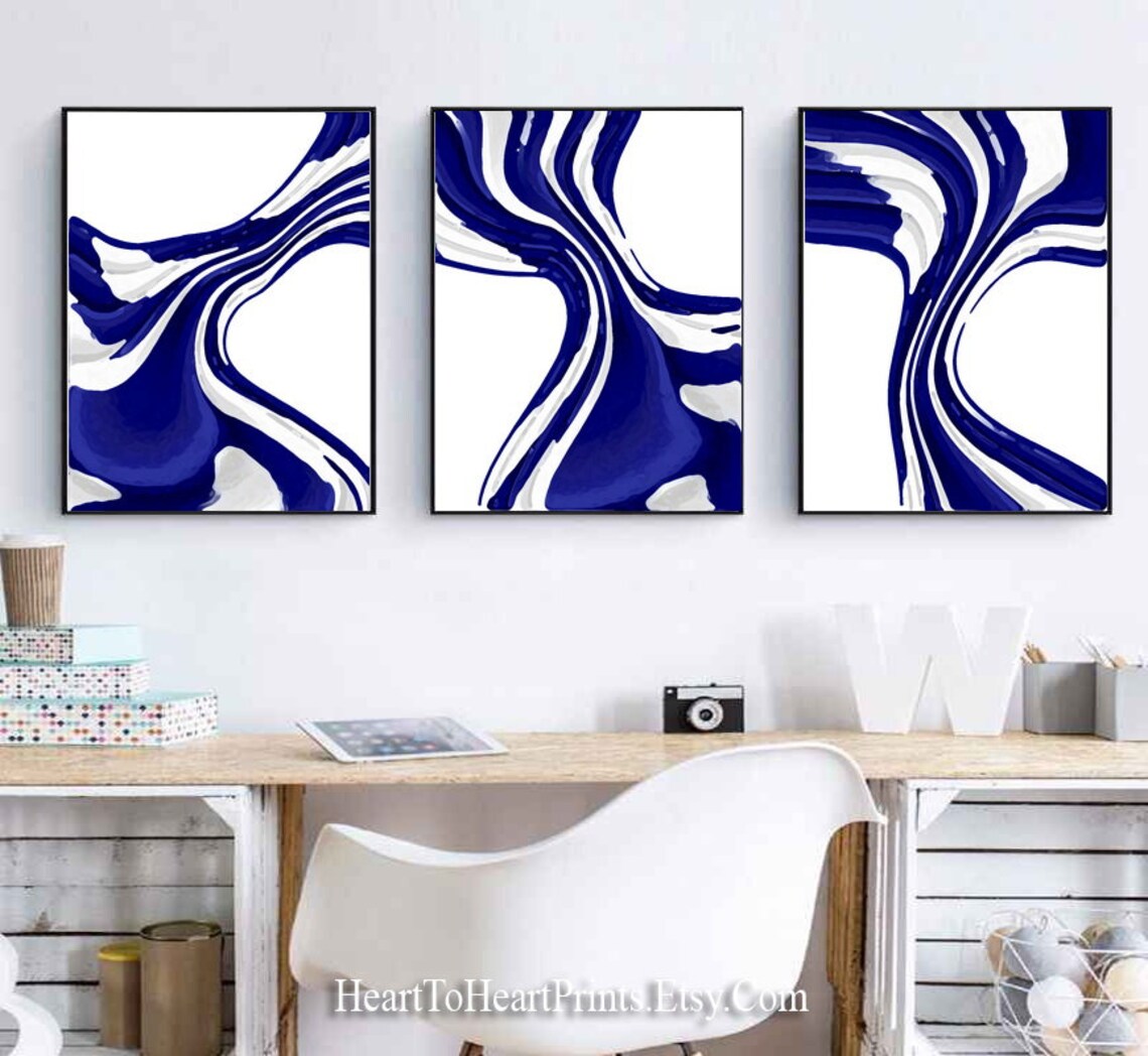 Set of 3 Navy Blue White Wall Art Digital Painting Instant Etsy