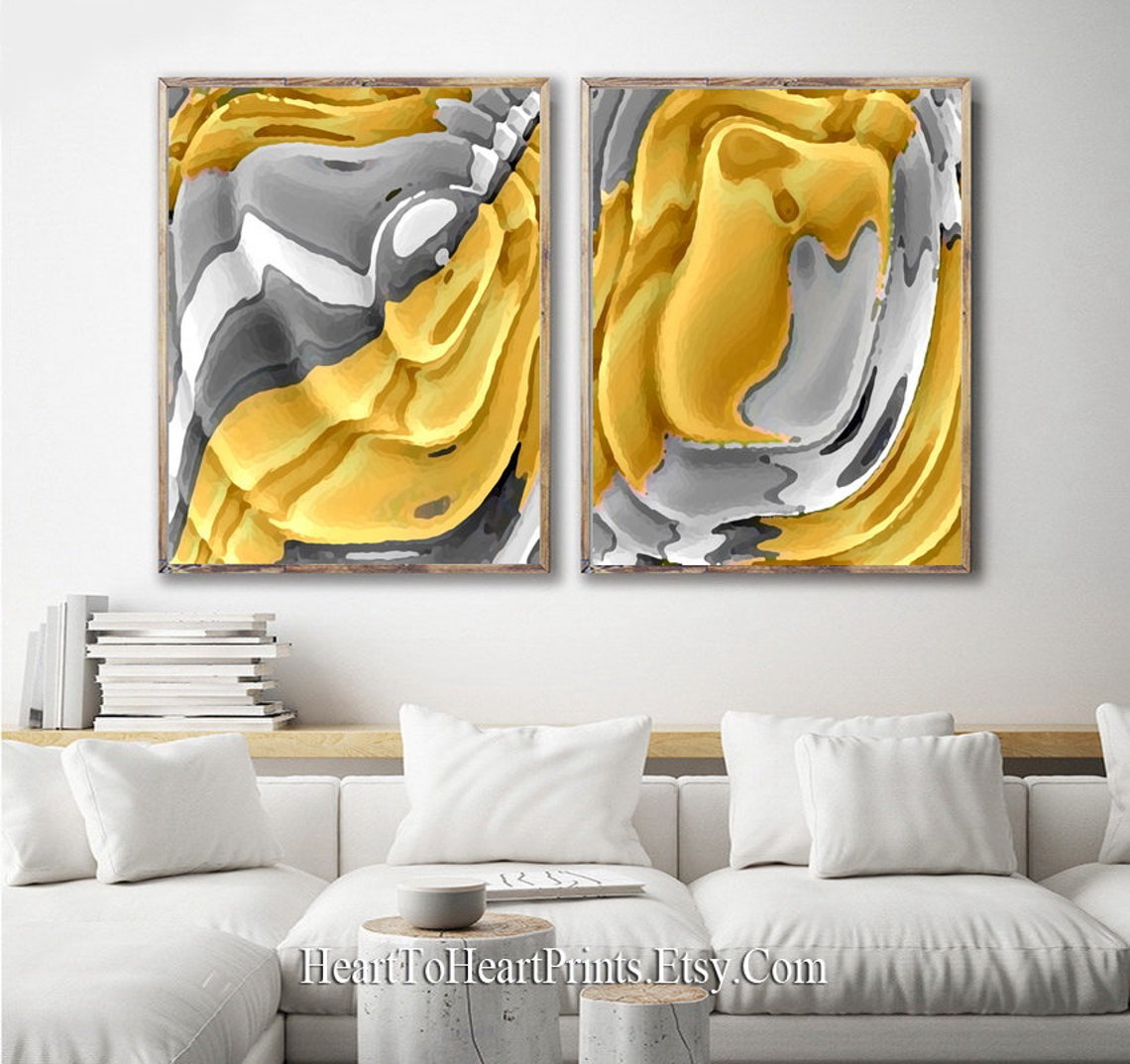 Mustard Yellow Wall Art Set of 2 Prints Abstract Prints Etsy