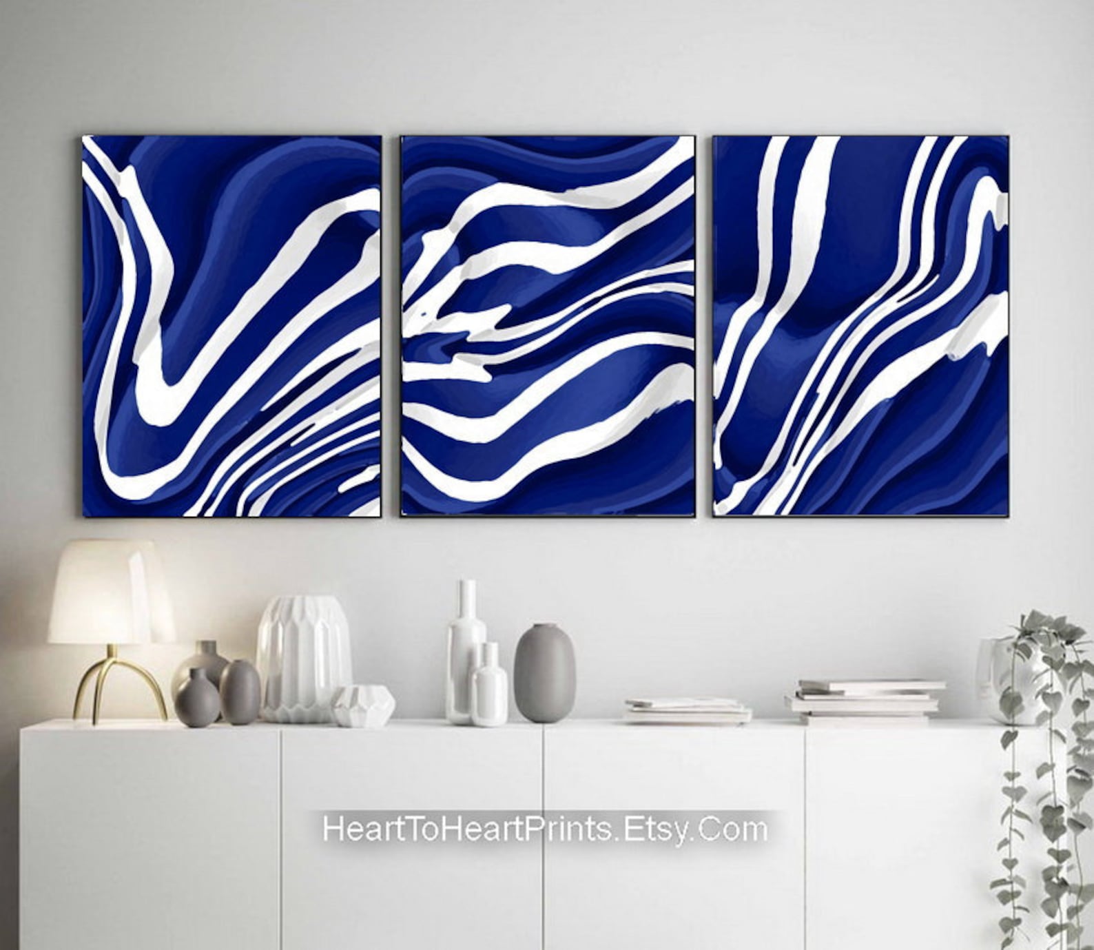 Navy Abstract Painting Set of 3 Prints Minimalist Wall Art Abstract
