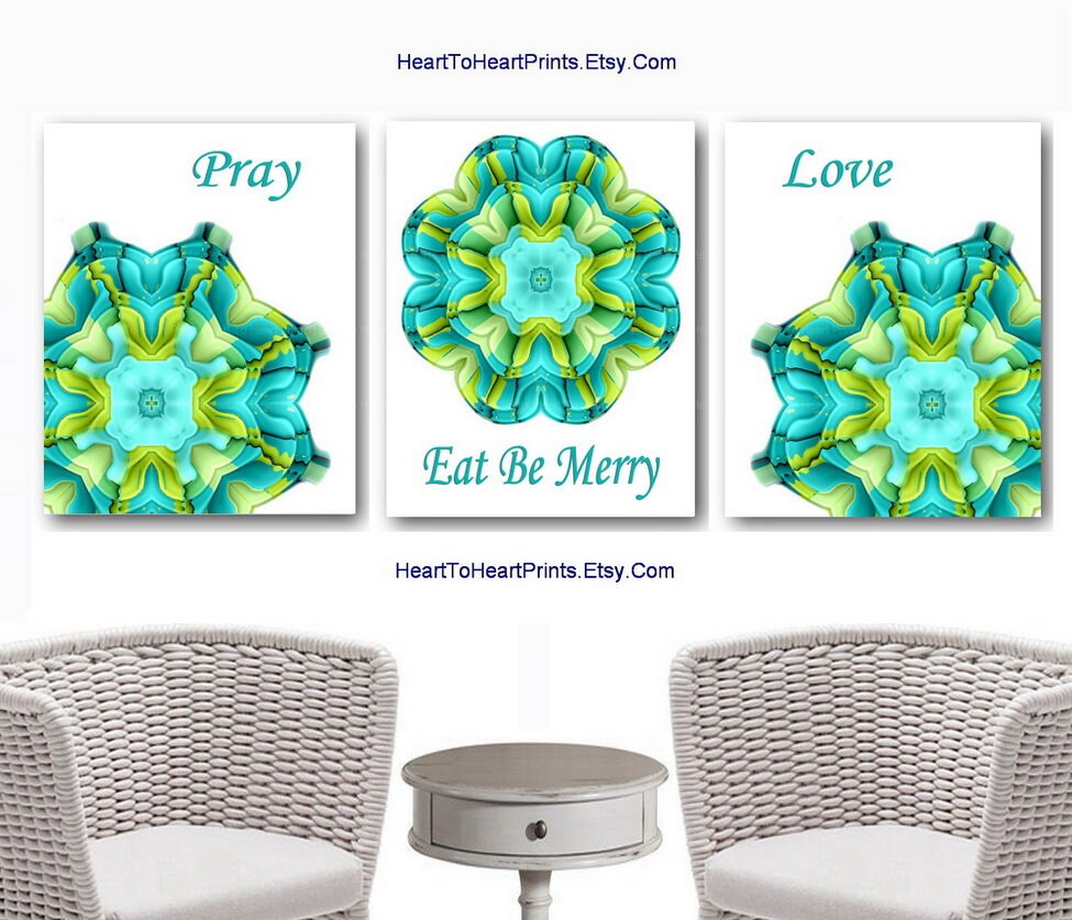 Green Kitchen Wall Art Set of 3 Prints Lime Green Teal Dining Etsy