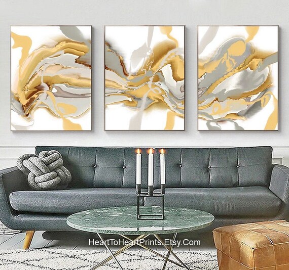 Modern Wall Art Set of 3 Painting Canvas Art Mustard Gray 3 Canvas Set  Abstract 3 Poster Set Printable Wall Art Bedroom Art Printable Canvas 