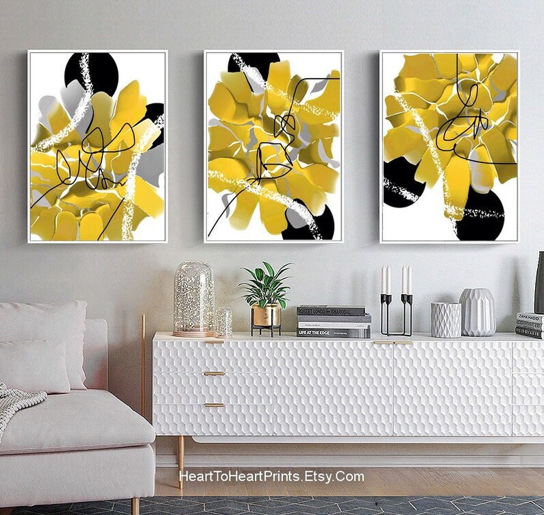 Yellow Gray Black Abstract Gallery Wall Art Set of 3 PRINTABLE Abstract ...