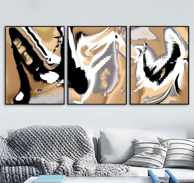 Orange Gray Wall Decor 3 Poster Set Canvas Abstract Painting Etsy