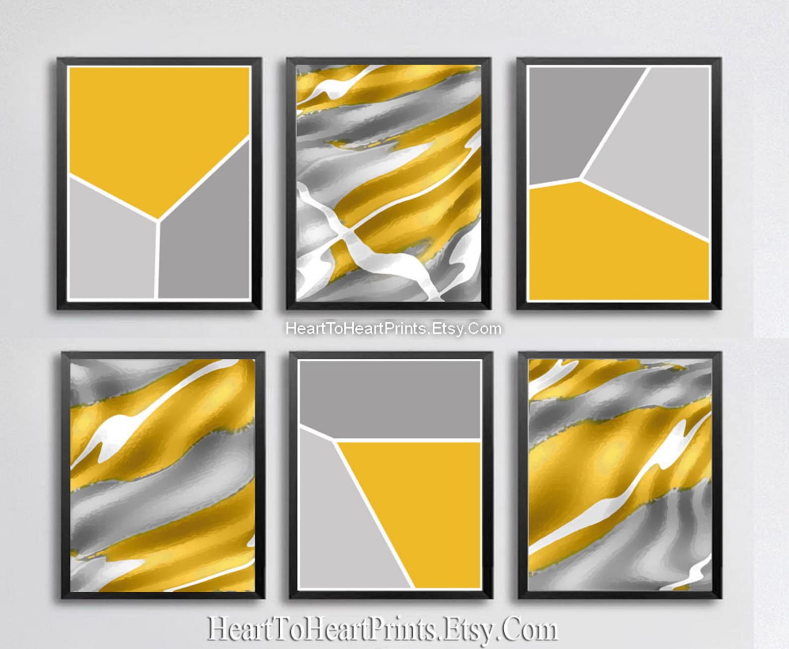 Abstract Wall Art Set of 6 Prints Mustard Yellow Gray Minimalist ...