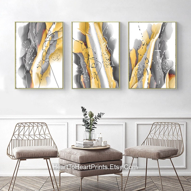 Yellow Gray Abstract Painting Set of 3 Printable Wall Art Mustard