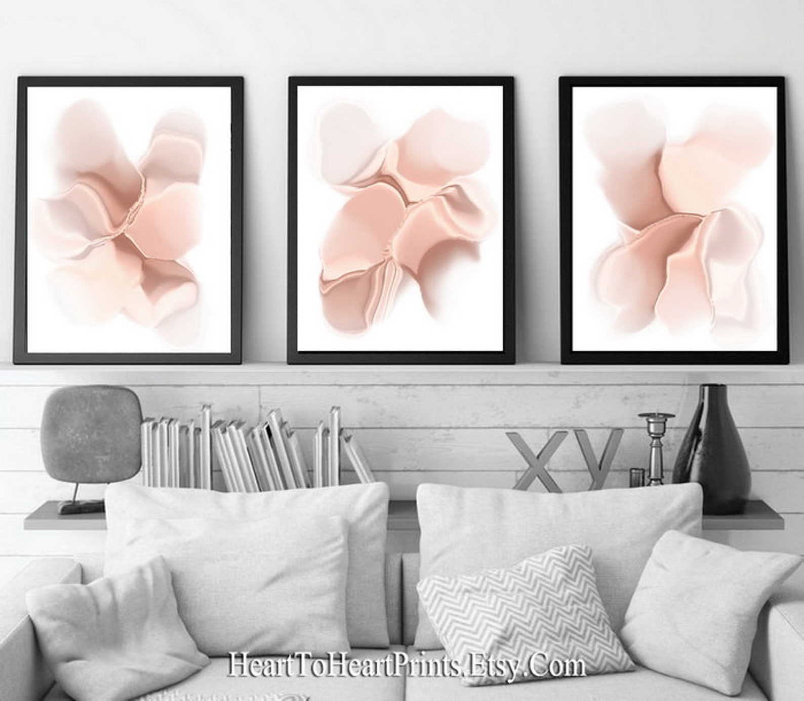 Pale Pink Abstract Wall Art Set of 3 Prints Peach Abstract Etsy