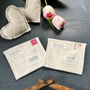 Ensembles de 2 notes d'amour en lin avec texte personnalisé, Saint-Valentin en tissu, enveloppes en tissu pour Saint-Valentin, enveloppes en coton, courrier, porte-cartes cadeau