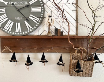 Black linen Witch hat garland, Halloween banner, vintage halloween, harvest, halloween decor, primitive halloween
