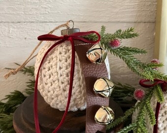 Crocheted Christmas ball ornament, tree ornament, sleigh bells, red velvet, greenery with iced berries