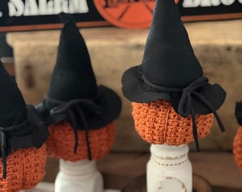 Crocheted stuffed pumpkin with reclaimed spindle base and linen witch hat, vintage halloween, harvest, halloween decor, pumpkin spice