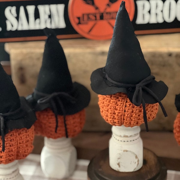 Crocheted stuffed pumpkin with reclaimed spindle base and linen witch hat, vintage halloween, harvest, halloween decor, pumpkin spice