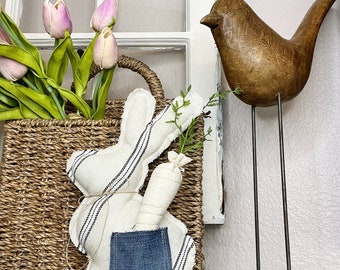 Bunny (D) , neutral striped bunny, bunny sitter, bunny with denim pocket and linen carrot, farmhouse bunny, Easter decor, spring decor