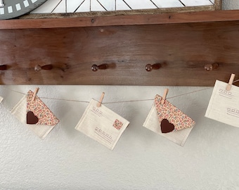 Linen love notes, fabric valentines garland, valentines banner fabric envelopes, cotton envelopes, mail, gift card holder