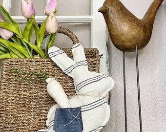 Bunny (j) , neutral striped bunny, bunny sitter, bunny with denim pocket and linen carrot, farmhouse bunny, Easter decor, spring decor