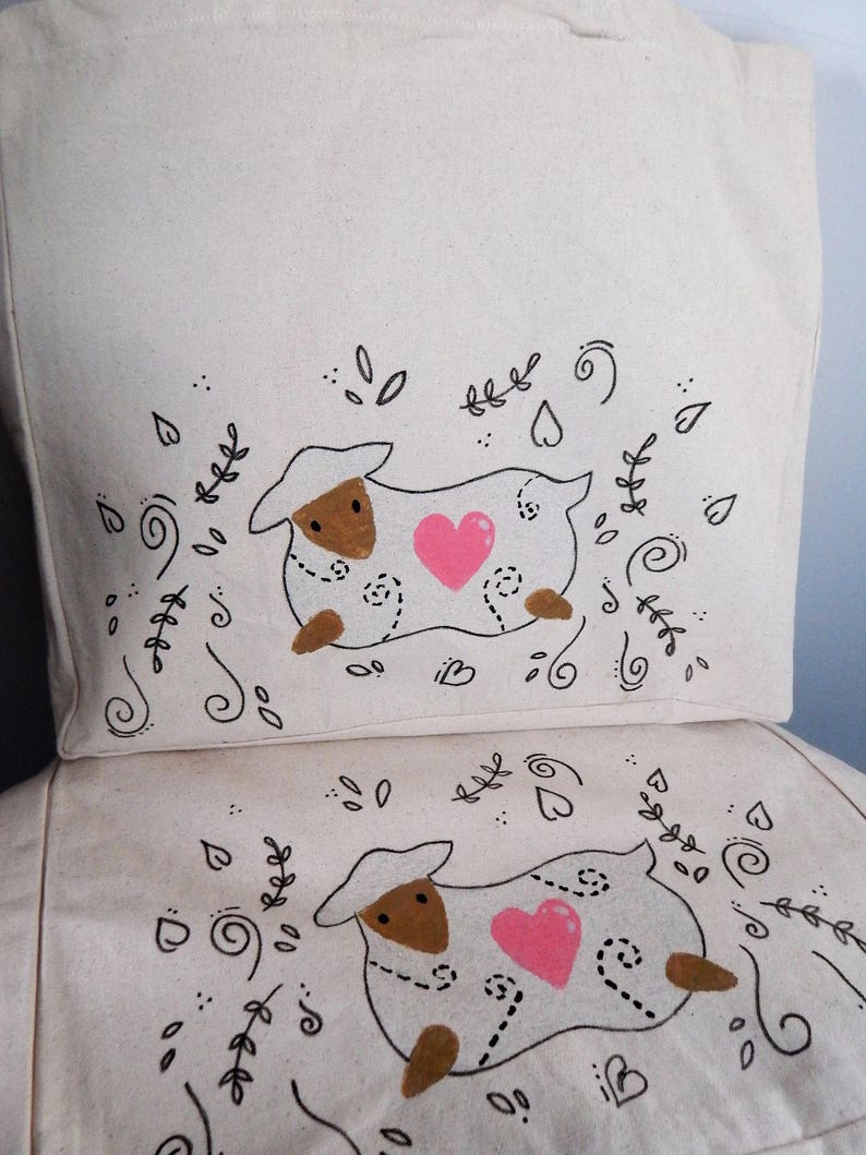 Hand painted Large canvas Sheep tote bag,Reuseable Farmers market,Shopping Bag.