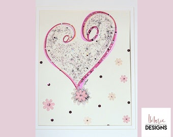 Girly "Pretty in Pink" Floral Hand drawn Swirly Heart with glitter Art 9"x12"