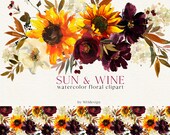 Sunflower Yellow Burgundy Watercolor Flowers Wine Colors Roses White Hydrangea Arrangements Bouquets Wreaths Elements Wedding Template