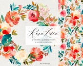 Rose Lace Red Teal Watercolor Floral Seamless Patterns Fall Flowers PNG Wreaths Bundles Clipart Roses Scarlett White Turquoise Arrangements