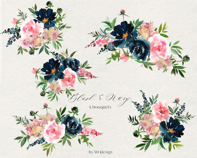 Download Blush & Navy Watercolor Floral Clipart Flowers Bouquets | Etsy