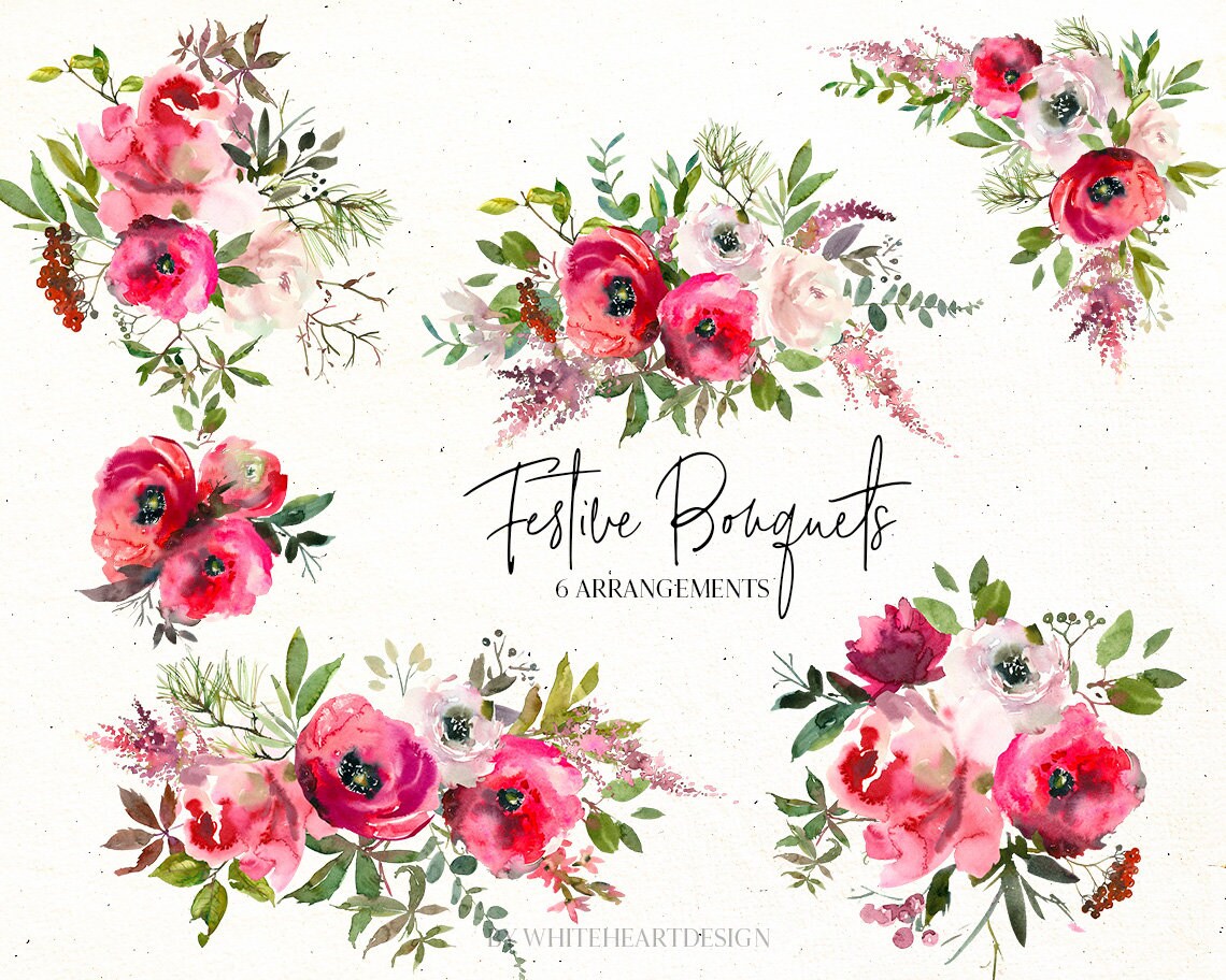 Festive Bouquets Red Pink Flowers Watercolor Floral Clipart | Etsy