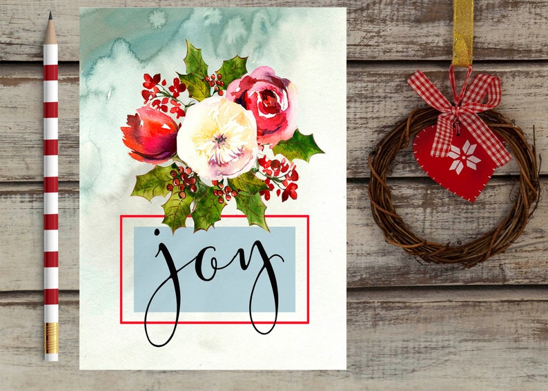 Printable Christmas Cards with Watercolor florals and Holly Steams Set of 12 5x7/' Printables Wall Decor Art