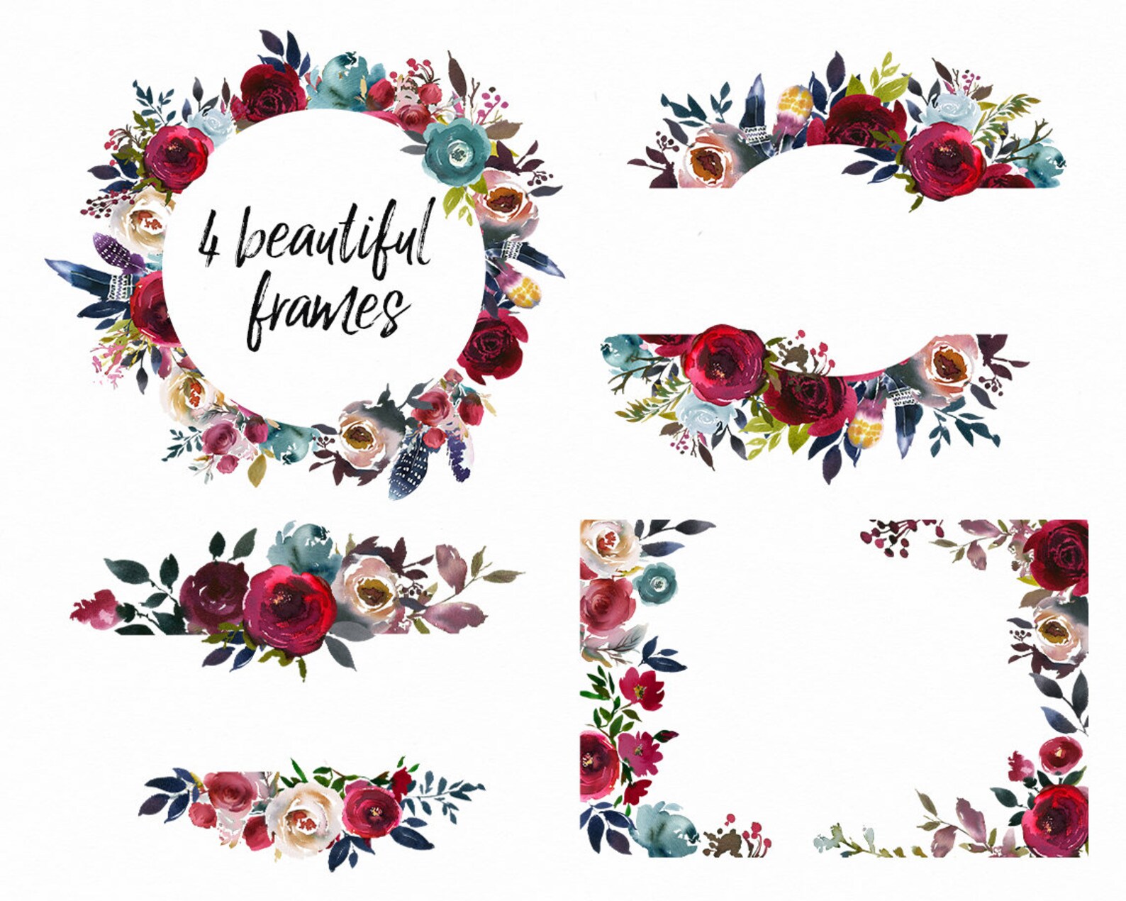 Boho Chick Burgundy &amp; Navy Watercolor Floral Frames Clipart | Etsy